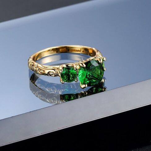 Green Simulated Emerald 18K Yellow Gold Plated Silver Women Ring ,Fashion Round-cut Cubic Zirconia Three-stone Engagement Ring (US size 10) in Saudi Arabia