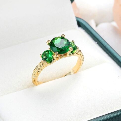 Green Simulated Emerald 18K Yellow Gold Plated Silver Women Ring ,Fashion Round-cut Cubic Zirconia Three-stone Engagement Ring (US size 10) in Saudi Arabia