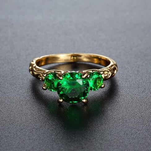 Green Simulated Emerald 18K Yellow Gold Plated Silver Women Ring ,Fashion Round-cut Cubic Zirconia Three-stone Engagement Ring (US size 10) in Saudi Arabia