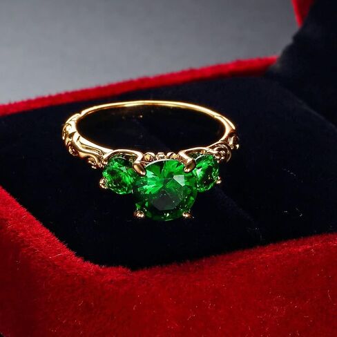 Green Simulated Emerald 18K Yellow Gold Plated Silver Women Ring ,Fashion Round-cut Cubic Zirconia Three-stone Engagement Ring (US size 10) in Saudi Arabia