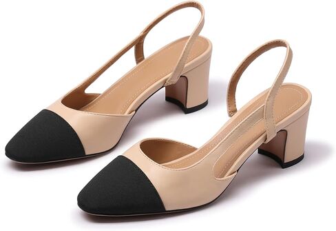 Slingback Heels for Women Nude Sling Back Pumps Two Tone Bock Heel Shoes Cap Toe Slingbacks Heeled Office Dress Shoes in Saudi Arabia