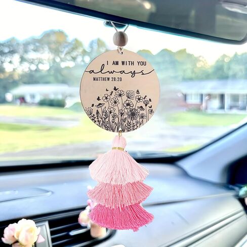Christian Car Charm Gifts for Women Men, I am with You Always Rear View Mirror Hanger with Tassel Religious Car Hanging Ornament Car Accessories(Black) in Saudi Arabia