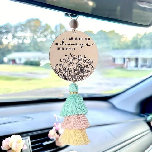 Christian Car Charm Gifts for Women Men, I am with You Always Rear View Mirror Hanger with Tassel Religious Car Hanging Ornament Car Accessories(Black) in Saudi Arabia