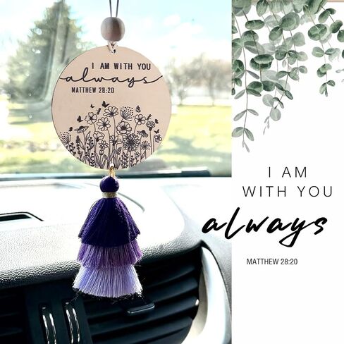 Christian Car Charm Gifts for Women Men, I am with You Always Rear View Mirror Hanger with Tassel Religious Car Hanging Ornament Car Accessories(Black) in Saudi Arabia