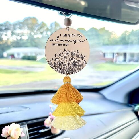 Christian Car Charm Gifts for Women Men, I am with You Always Rear View Mirror Hanger with Tassel Religious Car Hanging Ornament Car Accessories(Black) in Saudi Arabia
