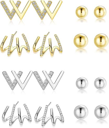 8 Pairs Silver Gold Climber Claw Studs Earrings Set for Look-like Multiple Piercing 14K Gold Plated Ear Cuff Studs Huggie Wrap Earrings for Women Small Ball Stud Zircon Gold Hoops Jewelry in Kuwait