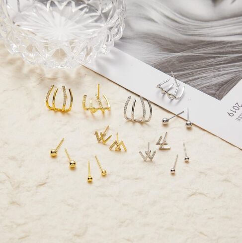 8 Pairs Silver Gold Climber Claw Studs Earrings Set for Look-like Multiple Piercing 14K Gold Plated Ear Cuff Studs Huggie Wrap Earrings for Women Small Ball Stud Zircon Gold Hoops Jewelry in Kuwait