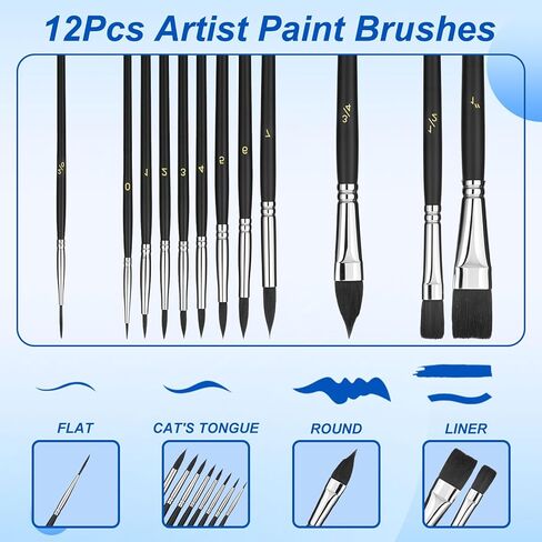 12pcs Watercolor Paint Brush Set, Cat Tongue Paint Brush Professional Artist Brushes for Acrylic Painting, Flat Soft Nylon Hair Oil Paint Brushes for Detail Painting Gouache Tempera Art Painting in Saudi Arabia