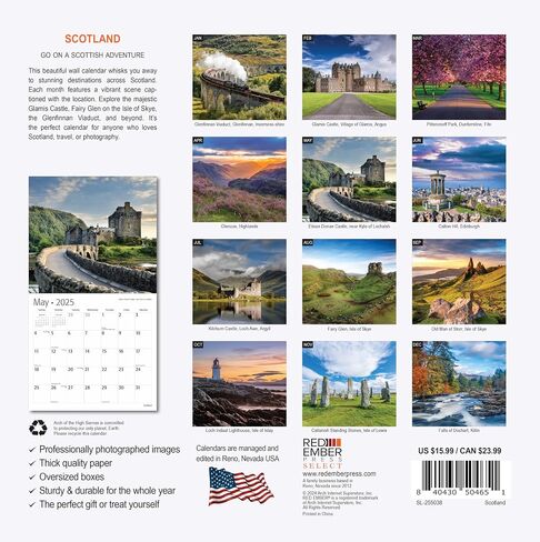 RED EMBER Select Scotland 2025 Hangable Monthly Wall Calendar | 12" x 24" Open | Thick & Sturdy Paper | Giftable in Saudi Arabia