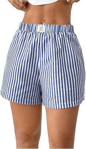 SHENHE Women's Striped Linen Shorts Elastic Waist Summer Straight Leg Casual Shorts in Saudi Arabia