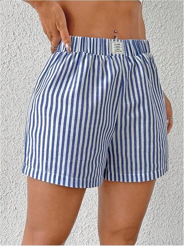 SHENHE Women's Striped Linen Shorts Elastic Waist Summer Straight Leg Casual Shorts in Saudi Arabia