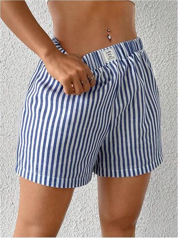 SHENHE Women's Striped Linen Shorts Elastic Waist Summer Straight Leg Casual Shorts in Saudi Arabia