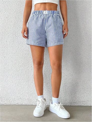 SHENHE Women's Striped Linen Shorts Elastic Waist Summer Straight Leg Casual Shorts in Saudi Arabia