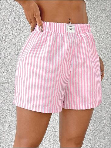 SHENHE Women's Striped Linen Shorts Elastic Waist Summer Straight Leg Casual Shorts in Saudi Arabia