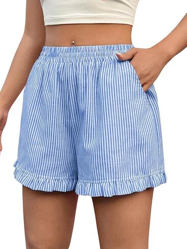 Verdusa Women's Elastic High Waist Ruffle Trim Striped Print Casual Shorts in Saudi Arabia