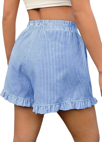 Verdusa Women's Elastic High Waist Ruffle Trim Striped Print Casual Shorts in Saudi Arabia