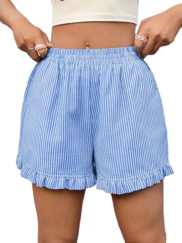 Verdusa Women's Elastic High Waist Ruffle Trim Striped Print Casual Shorts in Saudi Arabia