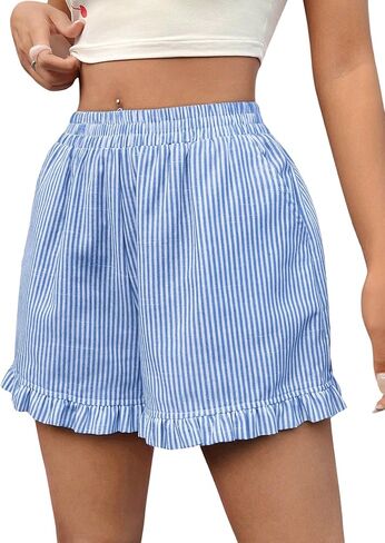Verdusa Women's Elastic High Waist Ruffle Trim Striped Print Casual Shorts in Saudi Arabia