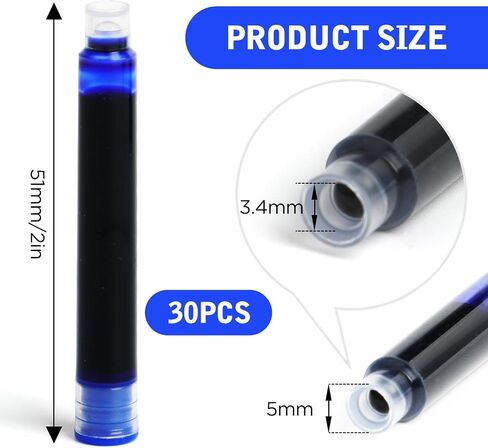 30PCS Blue Fountain Pen Ink Cartridges Refill, Blue Ink Refills, International Standard Size 3.4mm Bore Diameter (Blue) in Saudi Arabia