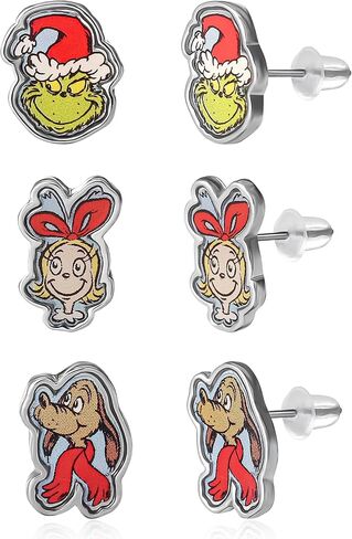 مجموعة أقراط دكتور سوس ذا غرينش المرصعة مكونة من 3 أزواج مرخصة رسميًا، أقراط عصرية لعيد الميلاد للنساء in Kuwait