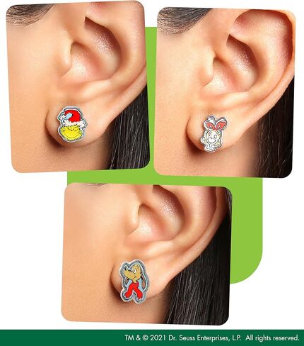 مجموعة أقراط دكتور سوس ذا غرينش المرصعة مكونة من 3 أزواج مرخصة رسميًا، أقراط عصرية لعيد الميلاد للنساء in Kuwait