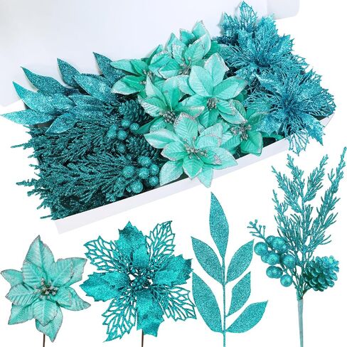 Winlyn 35 Pcs Christmas Artificial Poinsettia Flowers Picks and Artificial Leaves Sprays Teal Glitter Christmas Floral Picks for Teal Christmas Tree Holiday Decorations Centerpiece Wreath DIY Crafts in Saudi Arabia