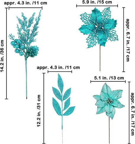 Winlyn 35 Pcs Christmas Artificial Poinsettia Flowers Picks and Artificial Leaves Sprays Teal Glitter Christmas Floral Picks for Teal Christmas Tree Holiday Decorations Centerpiece Wreath DIY Crafts in Saudi Arabia