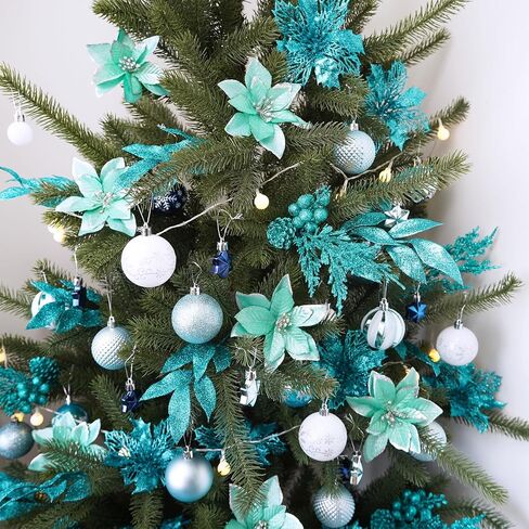Winlyn 35 Pcs Christmas Artificial Poinsettia Flowers Picks and Artificial Leaves Sprays Teal Glitter Christmas Floral Picks for Teal Christmas Tree Holiday Decorations Centerpiece Wreath DIY Crafts in Saudi Arabia