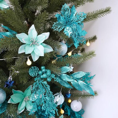 Winlyn 35 Pcs Christmas Artificial Poinsettia Flowers Picks and Artificial Leaves Sprays Teal Glitter Christmas Floral Picks for Teal Christmas Tree Holiday Decorations Centerpiece Wreath DIY Crafts in Saudi Arabia