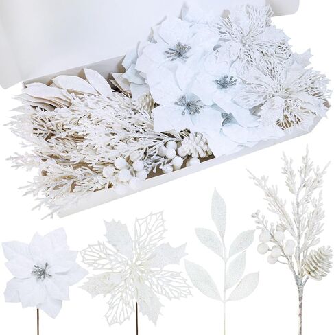 Winlyn 35 Pcs Christmas Artificial Poinsettia Flowers Picks and Artificial Leaves Sprays Teal Glitter Christmas Floral Picks for Teal Christmas Tree Holiday Decorations Centerpiece Wreath DIY Crafts in Saudi Arabia