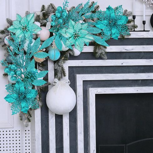 Winlyn 35 Pcs Christmas Artificial Poinsettia Flowers Picks and Artificial Leaves Sprays Teal Glitter Christmas Floral Picks for Teal Christmas Tree Holiday Decorations Centerpiece Wreath DIY Crafts in Saudi Arabia