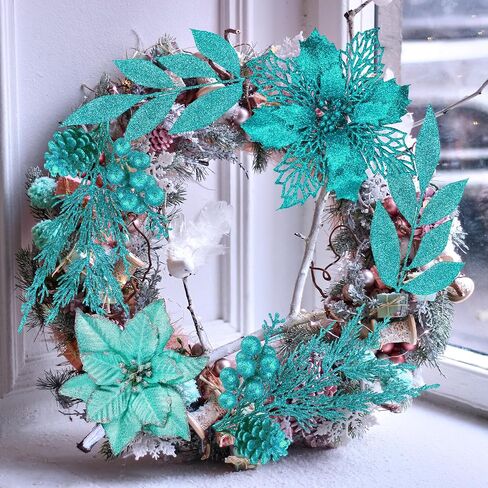 Winlyn 35 Pcs Christmas Artificial Poinsettia Flowers Picks and Artificial Leaves Sprays Teal Glitter Christmas Floral Picks for Teal Christmas Tree Holiday Decorations Centerpiece Wreath DIY Crafts in Saudi Arabia