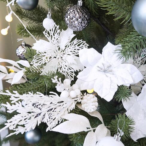 Winlyn 35 Pcs Christmas Artificial Poinsettia Flowers Picks and Artificial Leaves Sprays Teal Glitter Christmas Floral Picks for Teal Christmas Tree Holiday Decorations Centerpiece Wreath DIY Crafts in Saudi Arabia