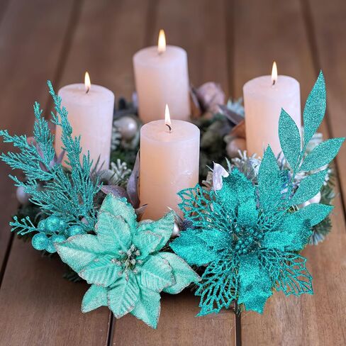 Winlyn 35 Pcs Christmas Artificial Poinsettia Flowers Picks and Artificial Leaves Sprays Teal Glitter Christmas Floral Picks for Teal Christmas Tree Holiday Decorations Centerpiece Wreath DIY Crafts in Saudi Arabia