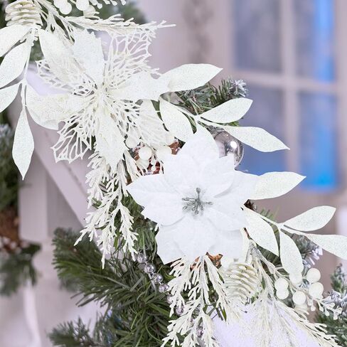 Winlyn 35 Pcs Christmas Artificial Poinsettia Flowers Picks and Artificial Leaves Sprays Teal Glitter Christmas Floral Picks for Teal Christmas Tree Holiday Decorations Centerpiece Wreath DIY Crafts in Saudi Arabia