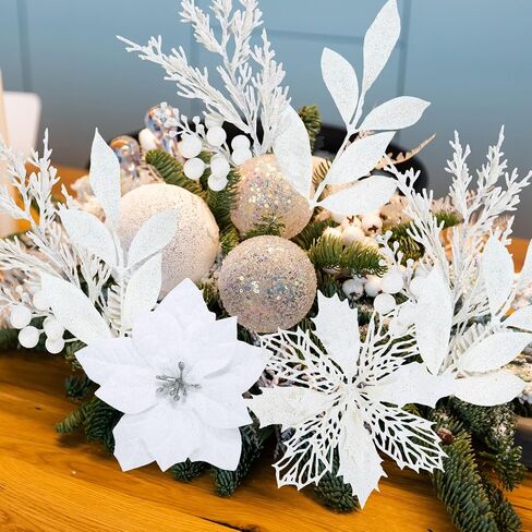 Winlyn 35 Pcs Christmas Artificial Poinsettia Flowers Picks and Artificial Leaves Sprays Teal Glitter Christmas Floral Picks for Teal Christmas Tree Holiday Decorations Centerpiece Wreath DIY Crafts in Saudi Arabia
