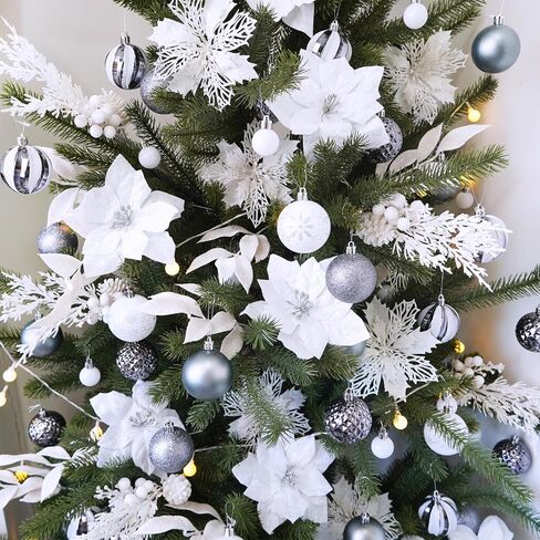 Winlyn 35 Pcs Christmas Artificial Poinsettia Flowers Picks and Artificial Leaves Sprays Teal Glitter Christmas Floral Picks for Teal Christmas Tree Holiday Decorations Centerpiece Wreath DIY Crafts in Saudi Arabia
