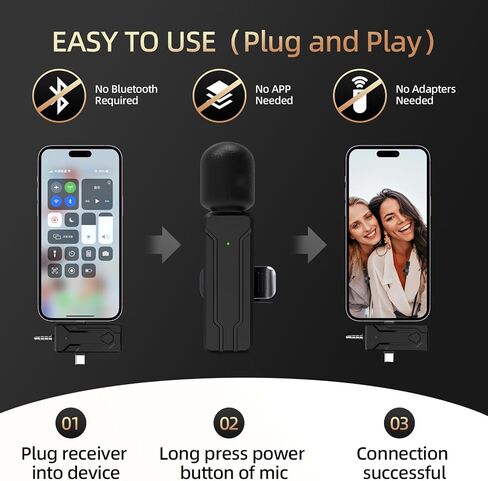 ميكروفون لافالير لاسلكي لهواتف iPhone، وAndroid، وiPad، والكاميرا، وميكروفون صغير 2.4 جيجا هرتز، جهاز استقبال 3 في 1 لتسجيل الفيديو/Vlog/TikTok/YouTube/مقابلة/بث مباشر in Saudi Arabia