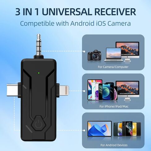 ميكروفون لافالير لاسلكي لهواتف iPhone، وAndroid، وiPad، والكاميرا، وميكروفون صغير 2.4 جيجا هرتز، جهاز استقبال 3 في 1 لتسجيل الفيديو/Vlog/TikTok/YouTube/مقابلة/بث مباشر in Saudi Arabia