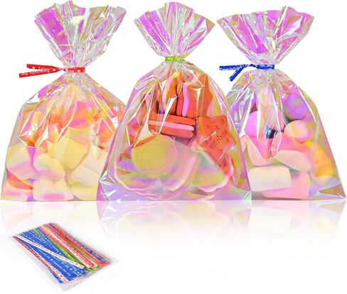 PACKSISTER Holographic Cellophane Treat Bags with Twist Ties for Gift Wrapping, Bakery, Cookie, Candies, Dessert, Baskets Packaging(5"X7",100 Pcs) in Saudi Arabia