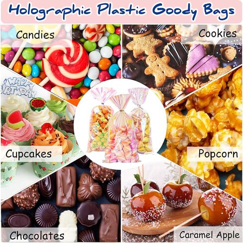 PACKSISTER Holographic Cellophane Treat Bags with Twist Ties for Gift Wrapping, Bakery, Cookie, Candies, Dessert, Baskets Packaging(5"X7",100 Pcs) in Saudi Arabia