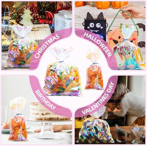 QCBF Cellophane 4 * 9 inch, Rainbow holographic gift bag, 100pcs, clear glass bag with twisted zipper tie, suitable for birthday parties, Valentine's Day, Easter, wedding, Christmas, Halloween in Saudi Arabia