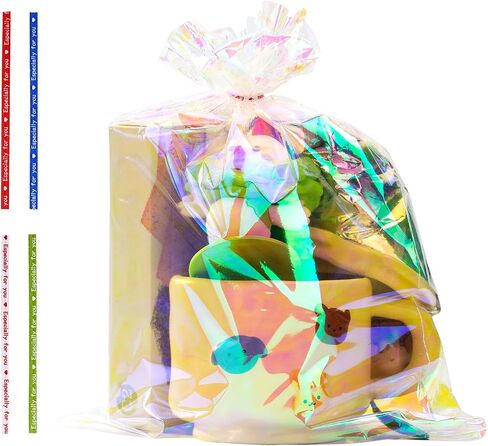 QCBF Cellophane 4 * 9 inch, Rainbow holographic gift bag, 100pcs, clear glass bag with twisted zipper tie, suitable for birthday parties, Valentine's Day, Easter, wedding, Christmas, Halloween in Saudi Arabia