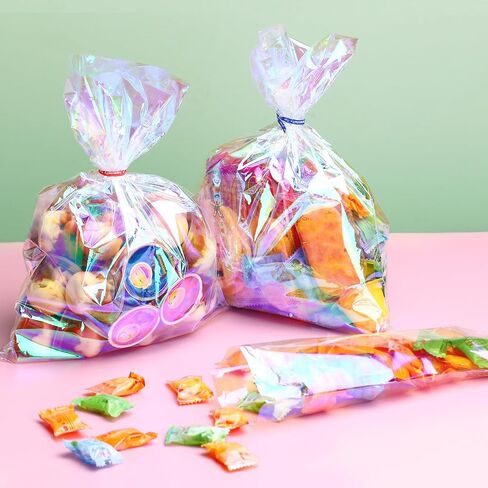 QCBF Cellophane 4 * 9 inch, Rainbow holographic gift bag, 100pcs, clear glass bag with twisted zipper tie, suitable for birthday parties, Valentine's Day, Easter, wedding, Christmas, Halloween in Saudi Arabia