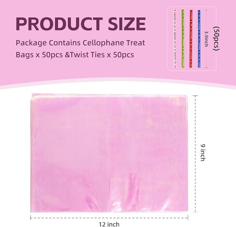 QCBF Cellophane 4 * 9 inch, Rainbow holographic gift bag, 100pcs, clear glass bag with twisted zipper tie, suitable for birthday parties, Valentine's Day, Easter, wedding, Christmas, Halloween in Saudi Arabia