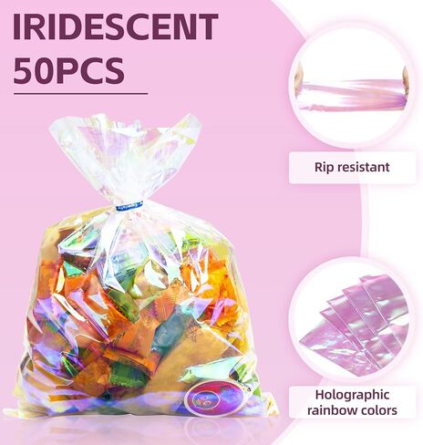 QCBF Cellophane 4 * 9 inch, Rainbow holographic gift bag, 100pcs, clear glass bag with twisted zipper tie, suitable for birthday parties, Valentine's Day, Easter, wedding, Christmas, Halloween in Saudi Arabia