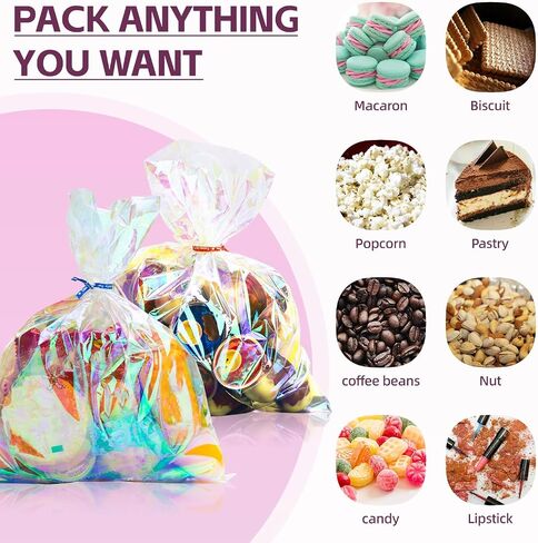 QCBF Cellophane 4 * 9 inch, Rainbow holographic gift bag, 100pcs, clear glass bag with twisted zipper tie, suitable for birthday parties, Valentine's Day, Easter, wedding, Christmas, Halloween in Saudi Arabia