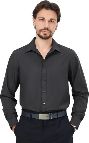 MAGE MALE Men's Dress Shirts Solid Long Sleeve Stretch Wrinkle-Free Formal Shirt Business Casual Button Down Tops in Kuwait