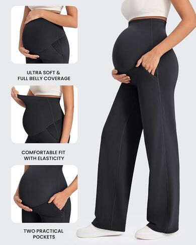 G4Free Maternity Pants Over The Belly Yoga Dress Work Pregnancy Pants Stretchy Lounge Wide Leg Trousers with Pockets in Saudi Arabia