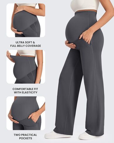 G4Free Maternity Pants Over The Belly Yoga Dress Work Pregnancy Pants Stretchy Lounge Wide Leg Trousers with Pockets in Saudi Arabia